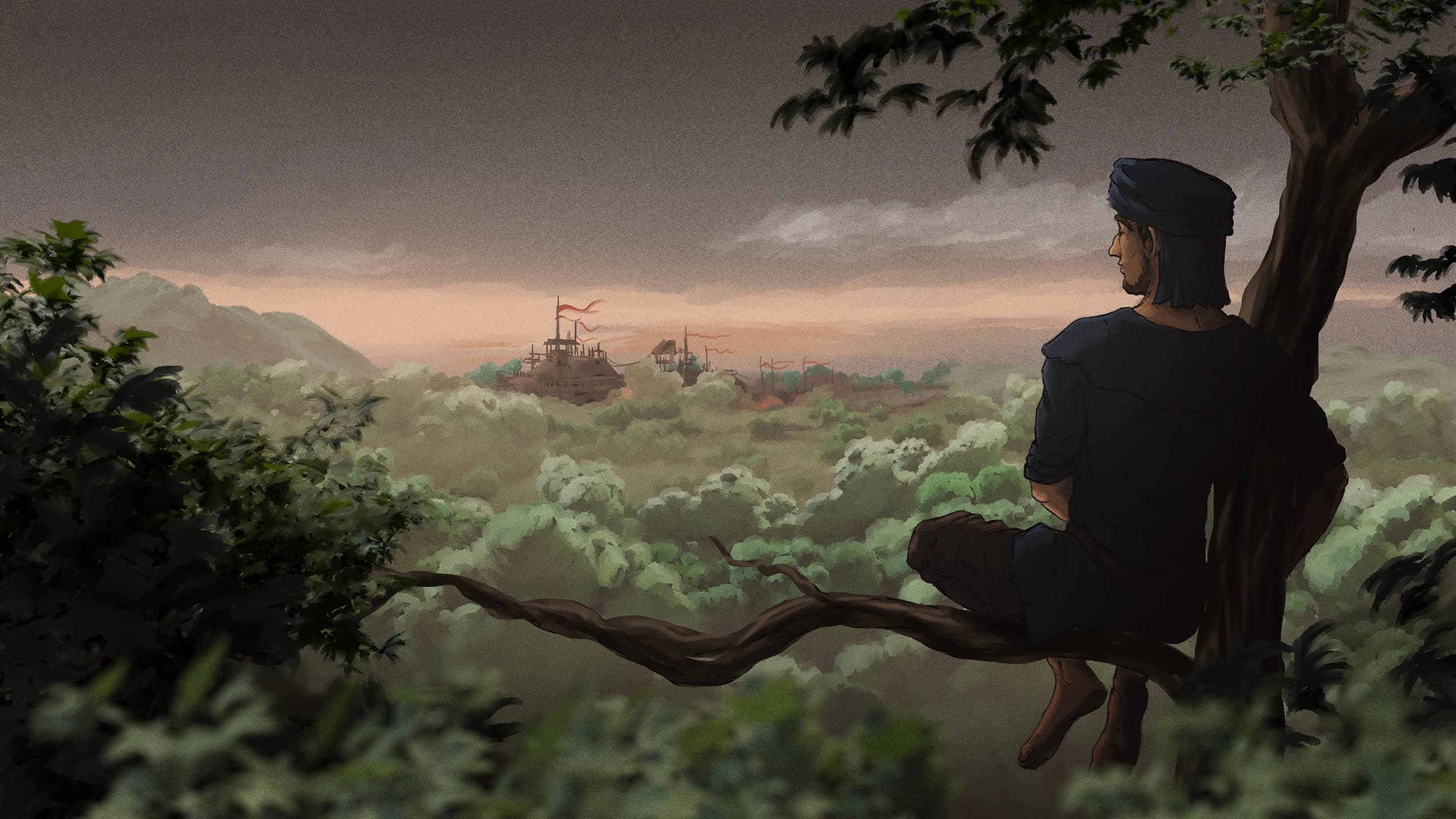 Atlàr resting in a tree above an endless forest canopy, a fortress on the horizon. Concept art by Pieter Dirckx.