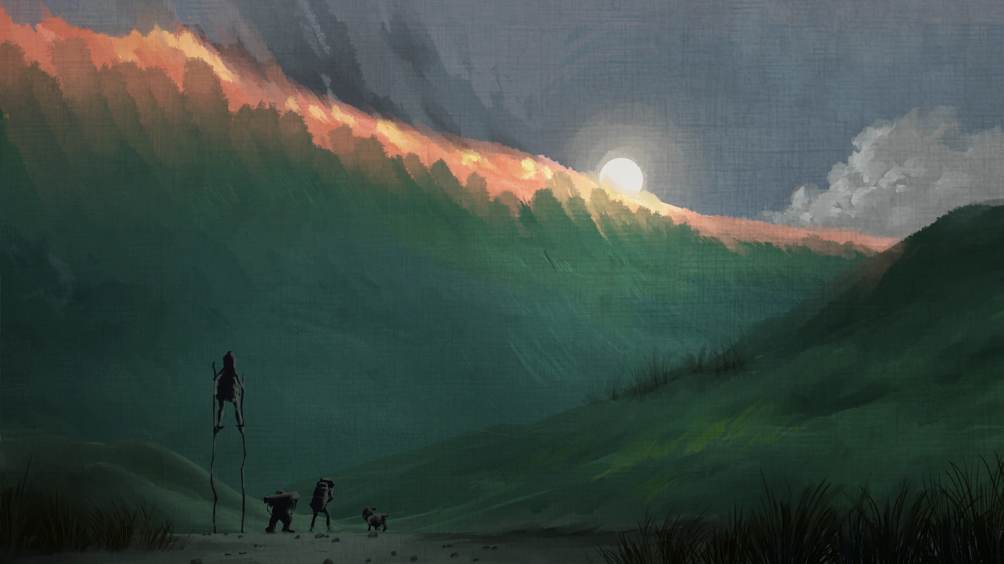 Travelers crossing a valley as fire burns along the ridge. Concept art by Pieter Dirckx.