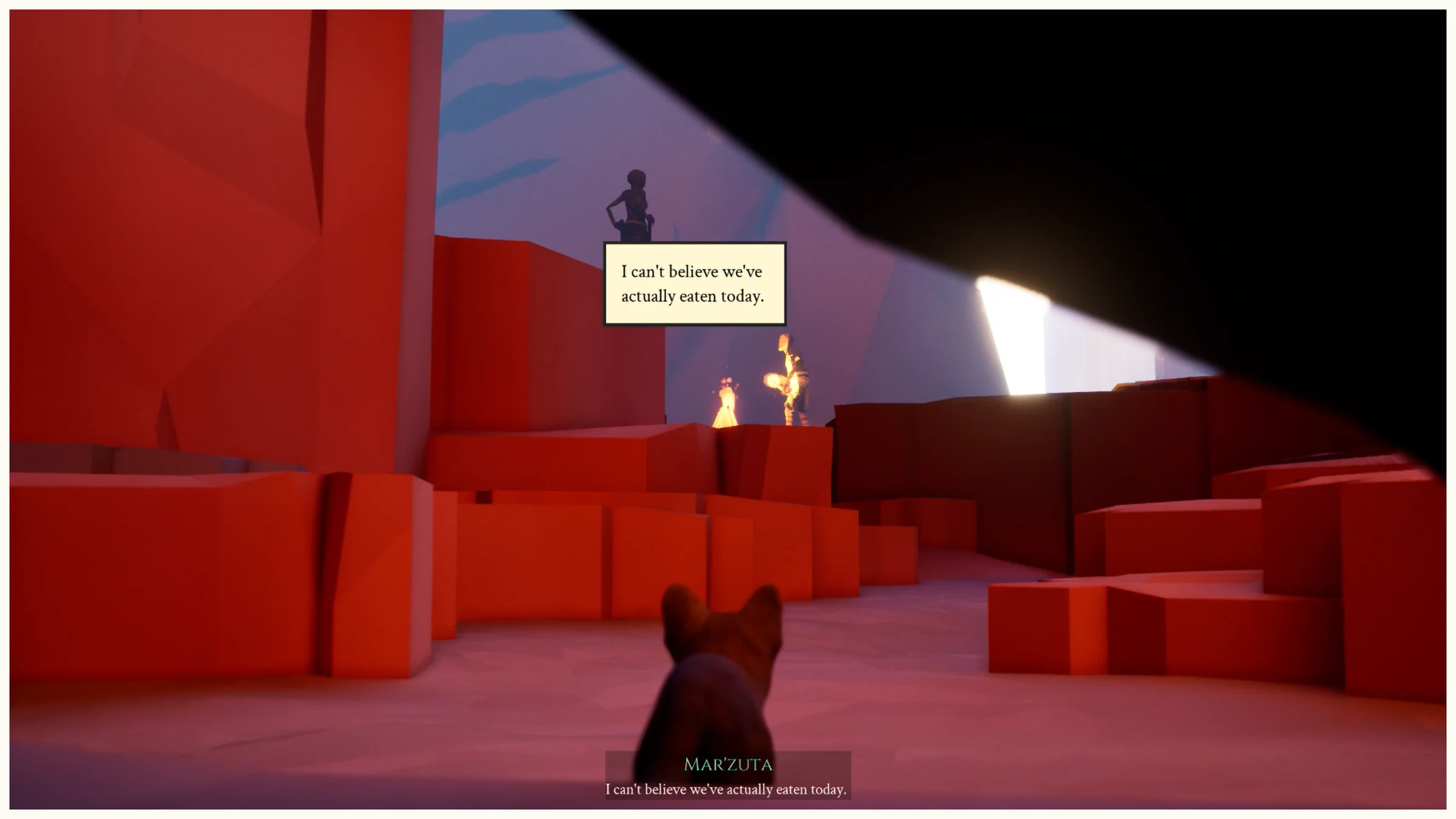 Marzuta rests by a campfire in a red canyon while the colossus watches from the shadows.